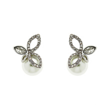 925 Silver Finesse Crystal e Pearl Leaf Stud Earrings jóias com banhado a ouro